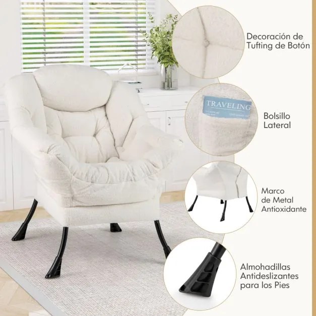 Poltrona grande estofada com almofada de cabeça acolchoada Apoios de braços e bolsa Poltrona Sofá para sala de estar Quarto Bege