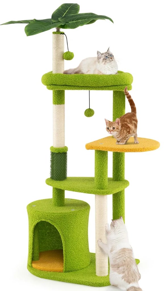 Arranhador para gatos com 122 cm de altura com vários níveis e folhas artificiais com Postes para arranhar de sisal  Verde e Laranja