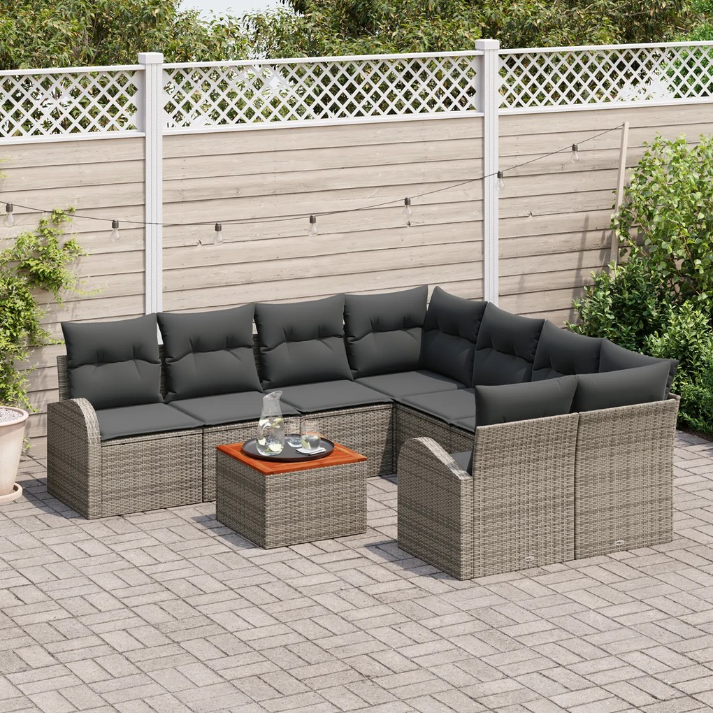 Conjunto de Sofá de Jardim vidaXL 9 Peças com Almofadas Cinza Rattan P