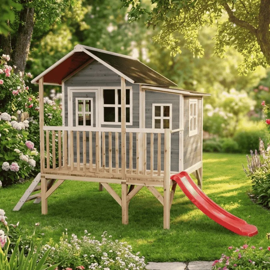 Casa de brincar infantil exterior para crianças Loft 350 em madeira com escorrega - Cinzenta