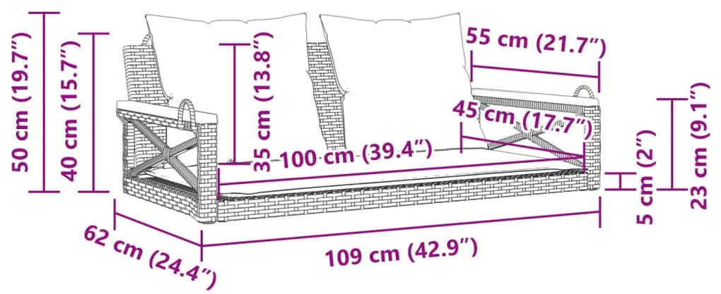 Banco baloiço com almofadões 109x62x40 cm vime PE bege