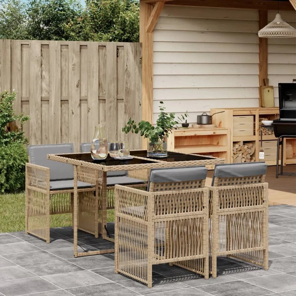 vidaXL 5pcs conj. jantar jardim c/ almofadões vime PE bege misturado