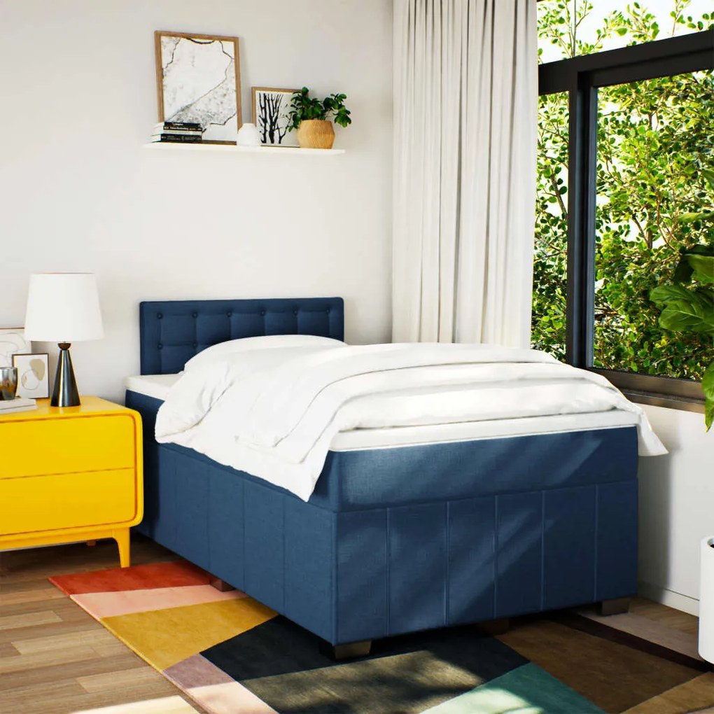 Cama boxspring com colchão 120x190 cm tecido azul