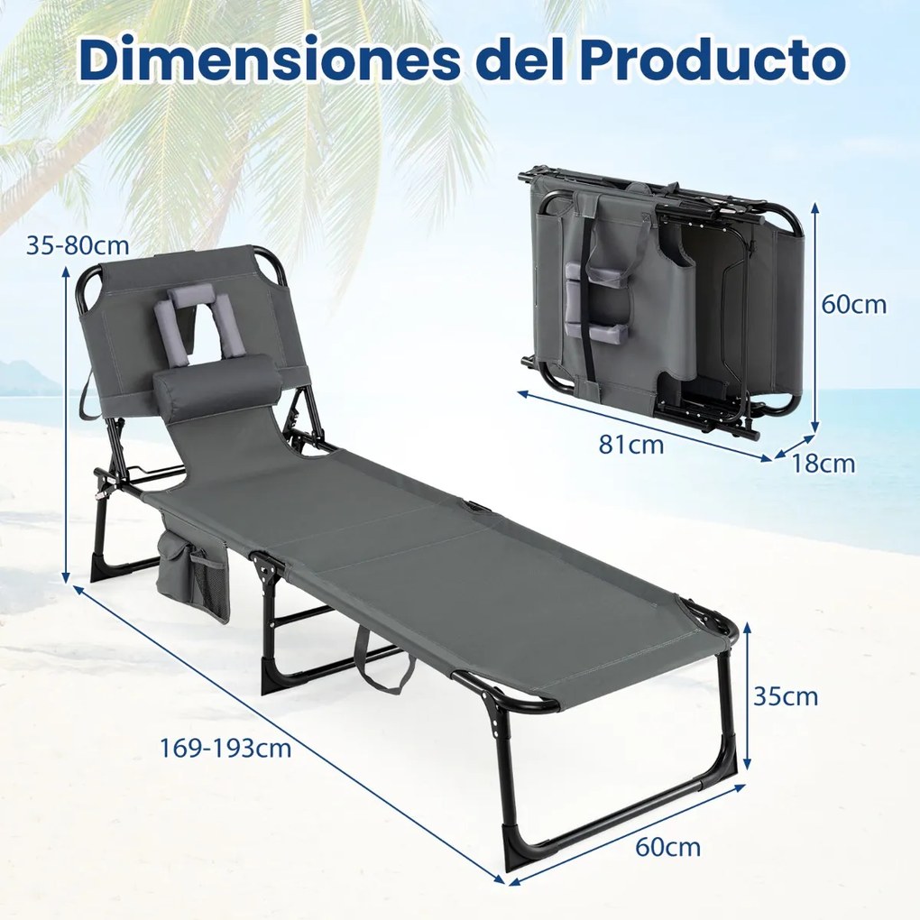 Espreguiçadeira dobrável para exterior, reclinável, com orifícios, apoio para o rosto, braços e encosto ajustável, bolsos, portátil, para praia e pisc