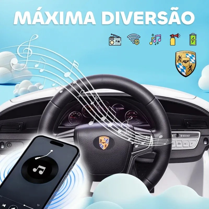 Carro Elétrico para Crianças de Polícia 12V com Motor Duplo Sirene Música Sem Fios Buzina Rodas Auxiliares e Faróis LED 105x58x49 cm Branco