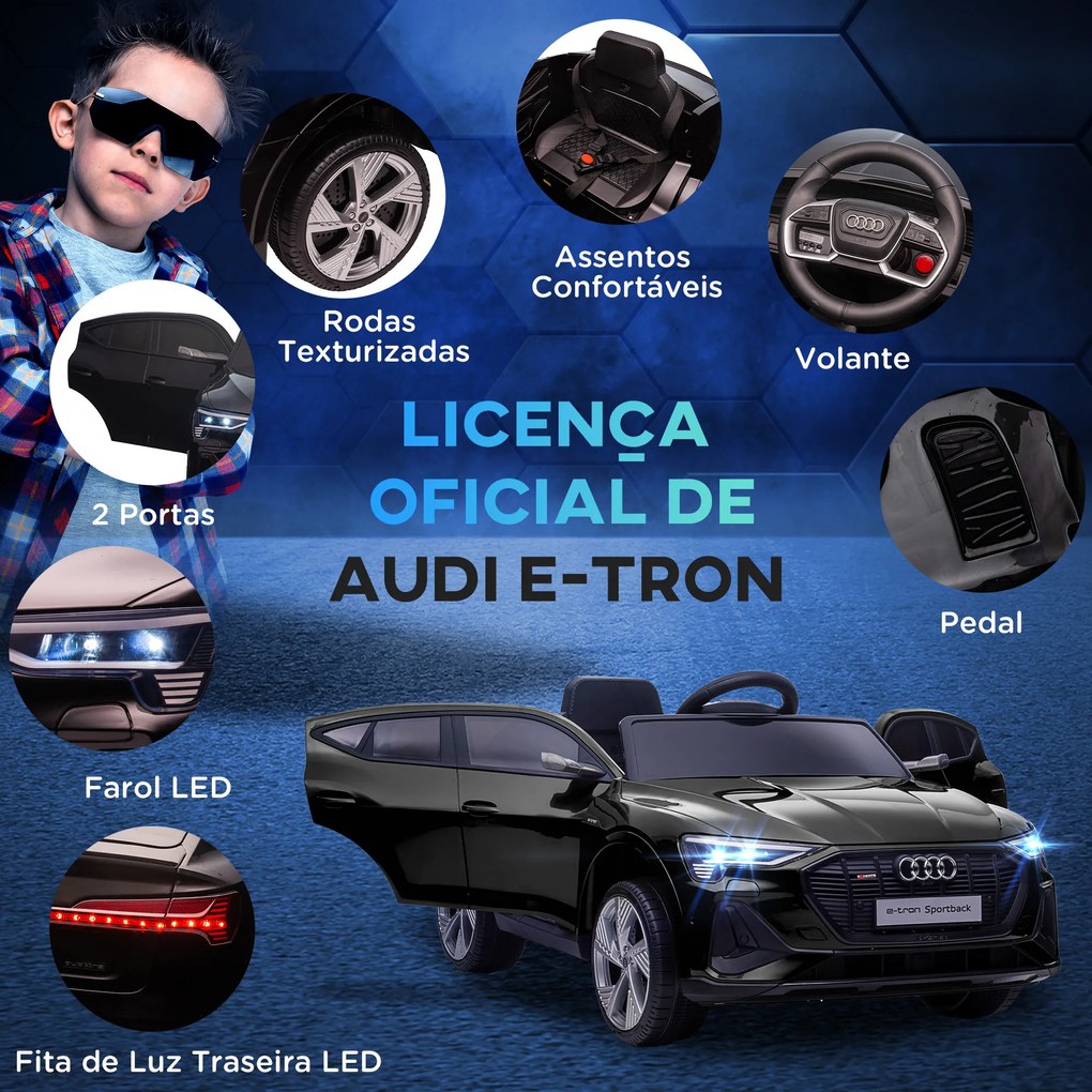 Carro Elétrico Audi E-Tron 12V com Faróis Buzina Música MP3 TF USB e Abertura da Porta 3-8km/h 108x60x47 cm Preto