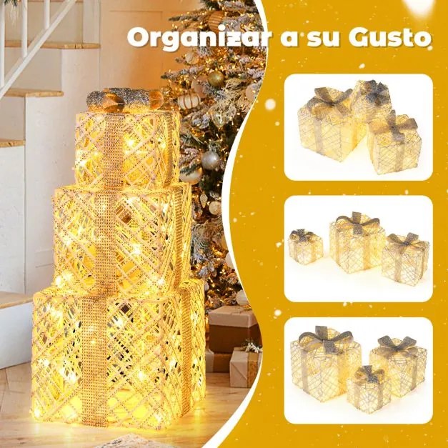Caixas de Presentes LED Natal Conjunto de 3 Peças com Laços para Interior e Exterior Resistentes às Intempéries
