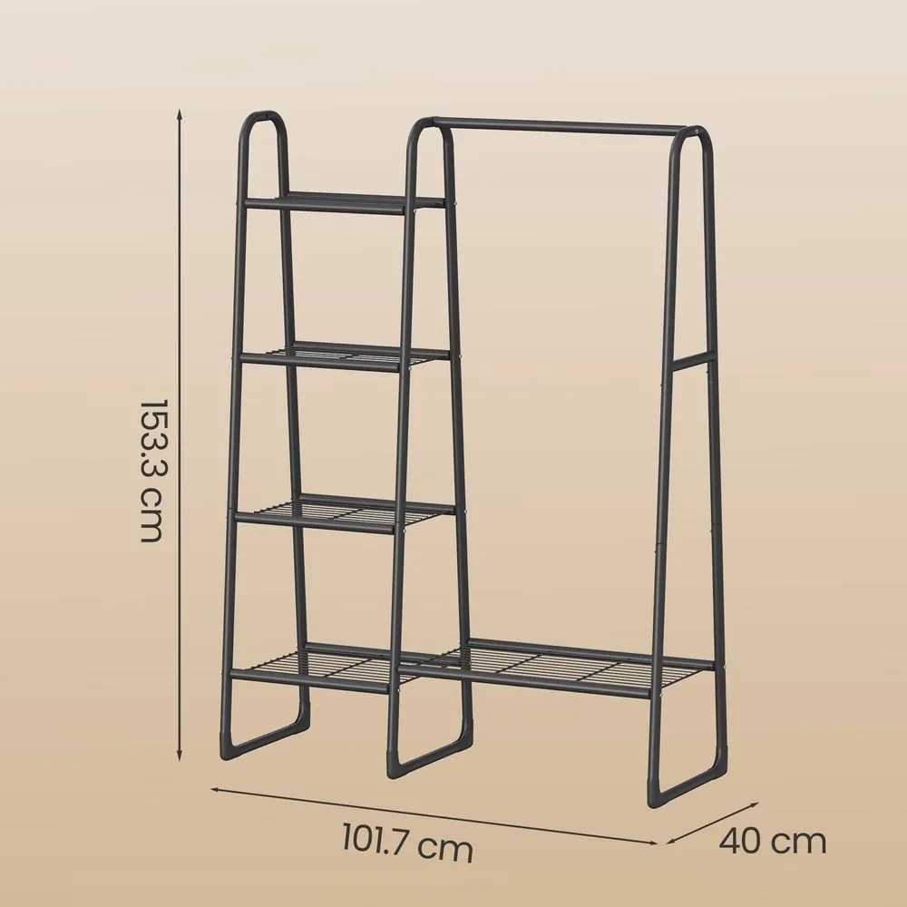Guarda-roupa aberto, cabideiro com 5 prateleiras em metal 40 x 101,7 x 153,3 cm preto