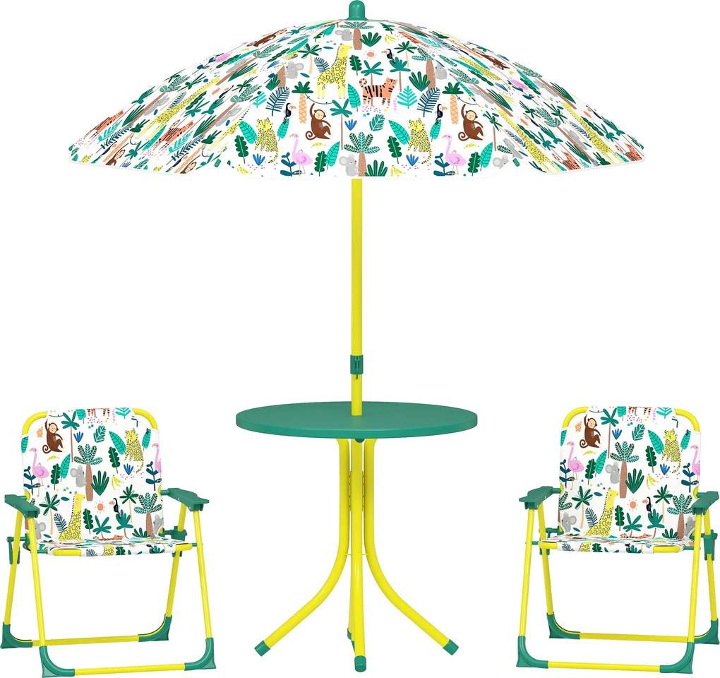 AIYAPLAY Conjunto Infantil de Mesa e Cadeiras de Jardim de 4 Peças Cadeiras Dobráveis Chapéu de Sol Desmontável Design de Selva Verde | Aosom Portugal
