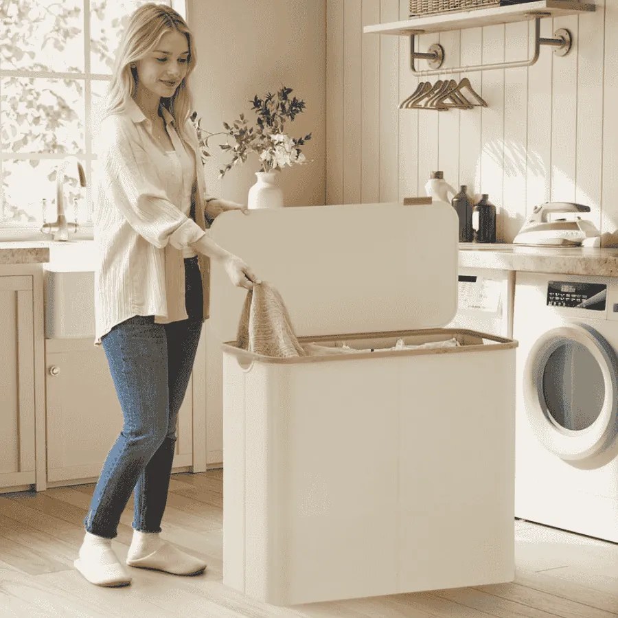 Cesto da roupa suja com tampa 200L, 78 x 38,5 x 70,5 cm Branco creme