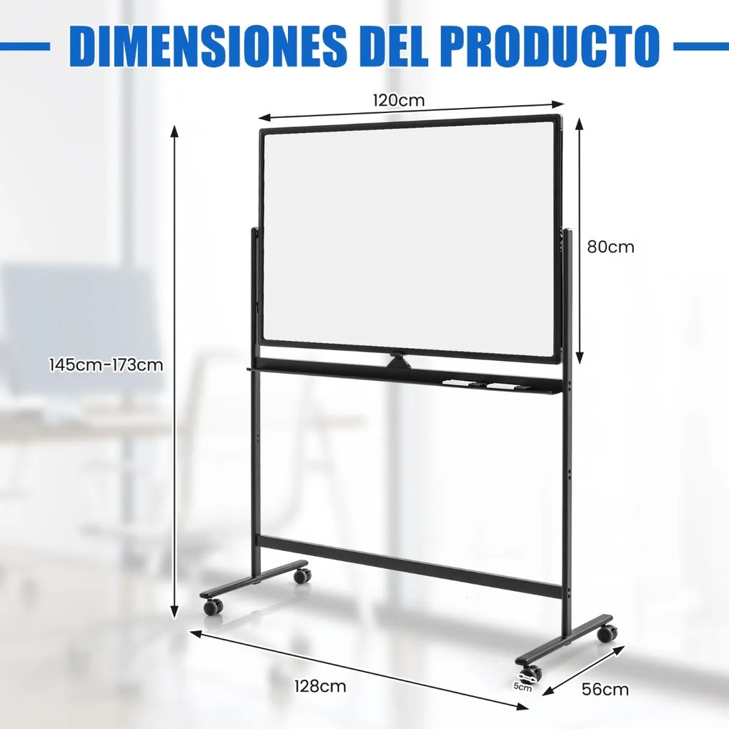 Quadro branco magnético dupla face com suporte de rotação de 360° para escritório escola e casa 56 x 128 x 145-173 cm branco