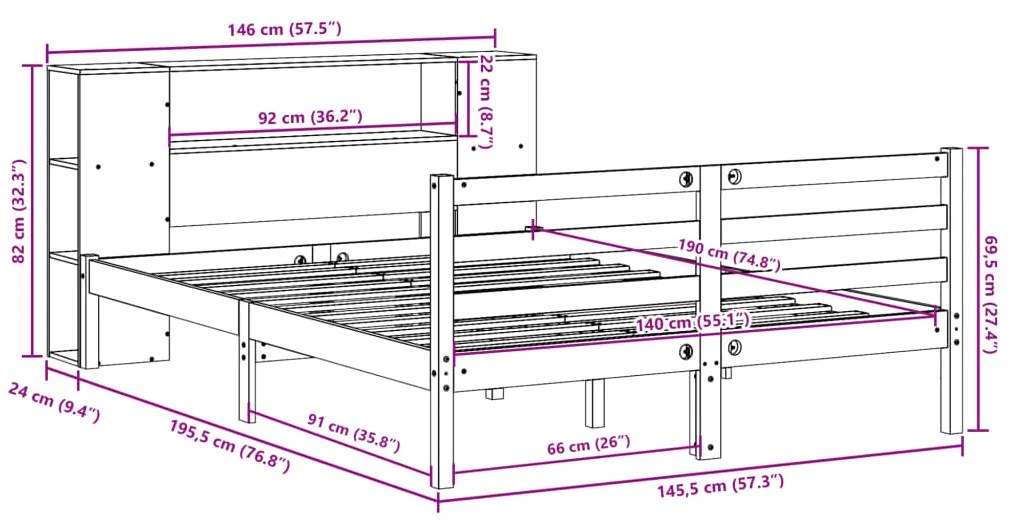 Cama com estante sem colchão 140x190 cm pinho maciço branco