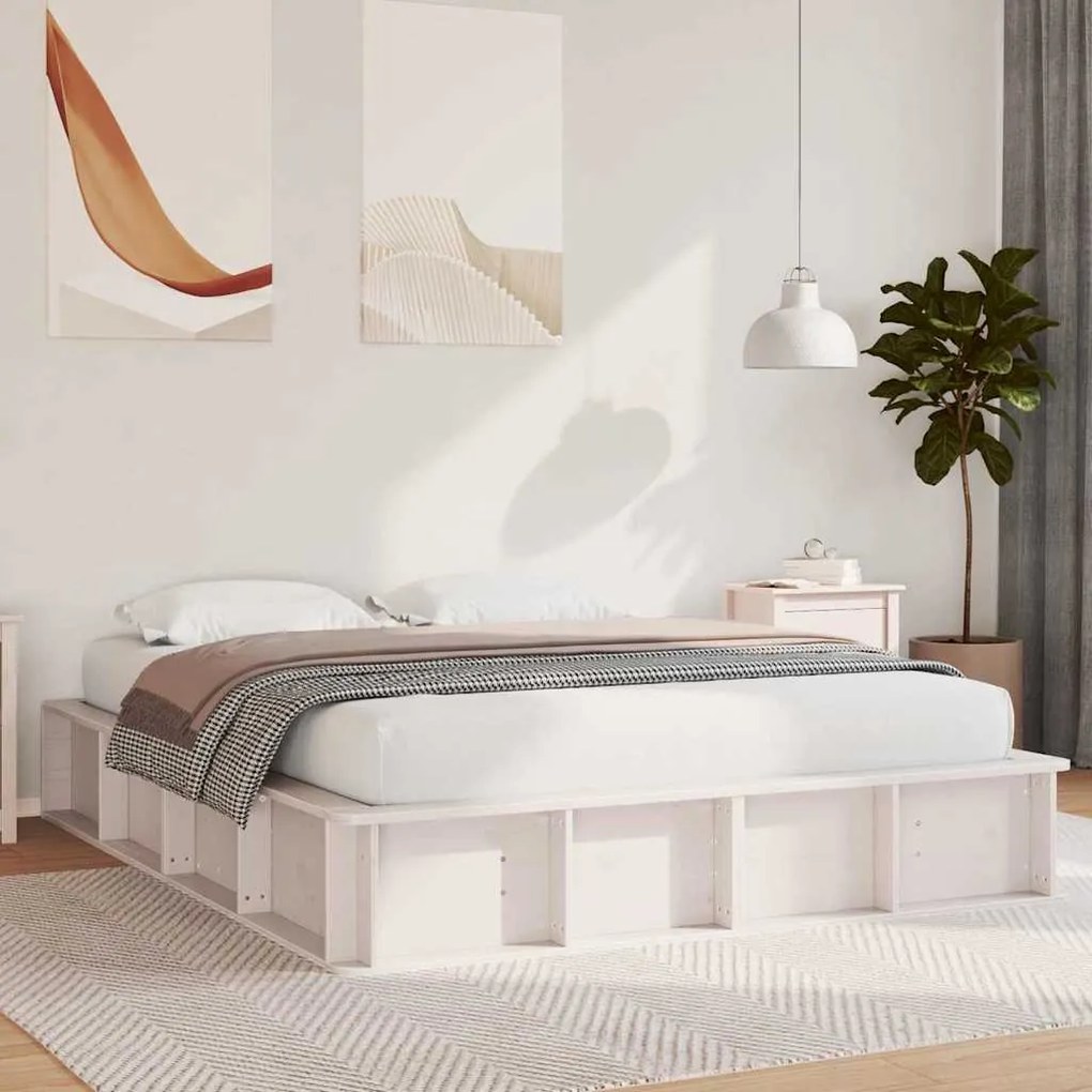 vidaXL Cama com Armazenamento Elevável - Branca, 150 x 200cm, em Pinheiro Sólido.