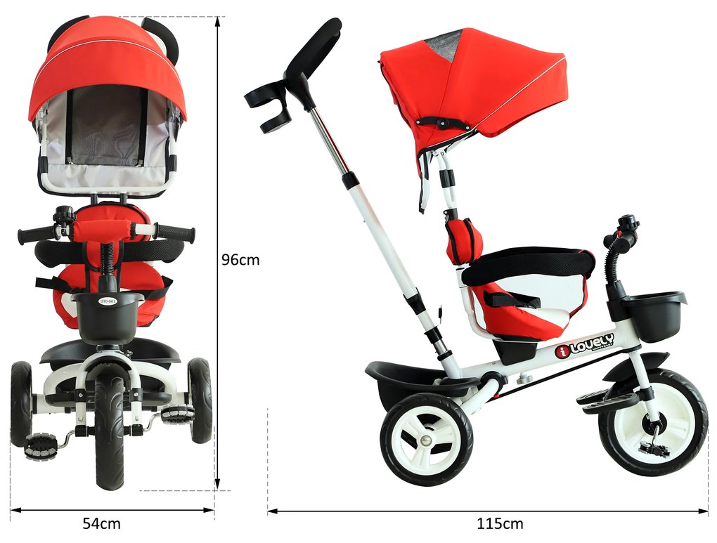 ® Triciclo de bebê 4 em 1 Trolley Trike Bicicletas para Crianças + 18 meses Evolutivo Giratório Capa Barra destacável Vermelho