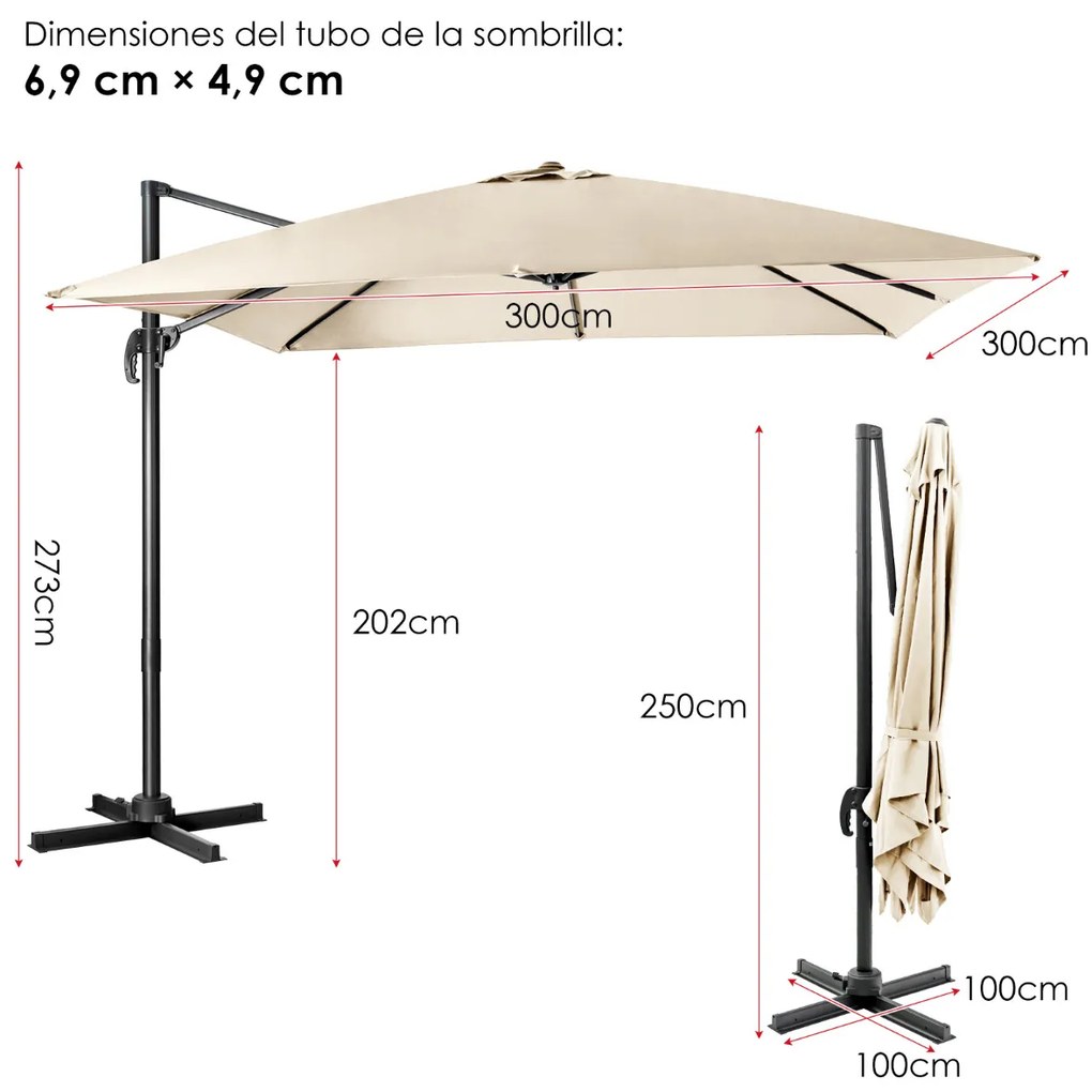 Guarda-sol 300 cm para jardim com manivela, 3 inclinações, rotação de 360°, 8 varas, base cruzada Bege