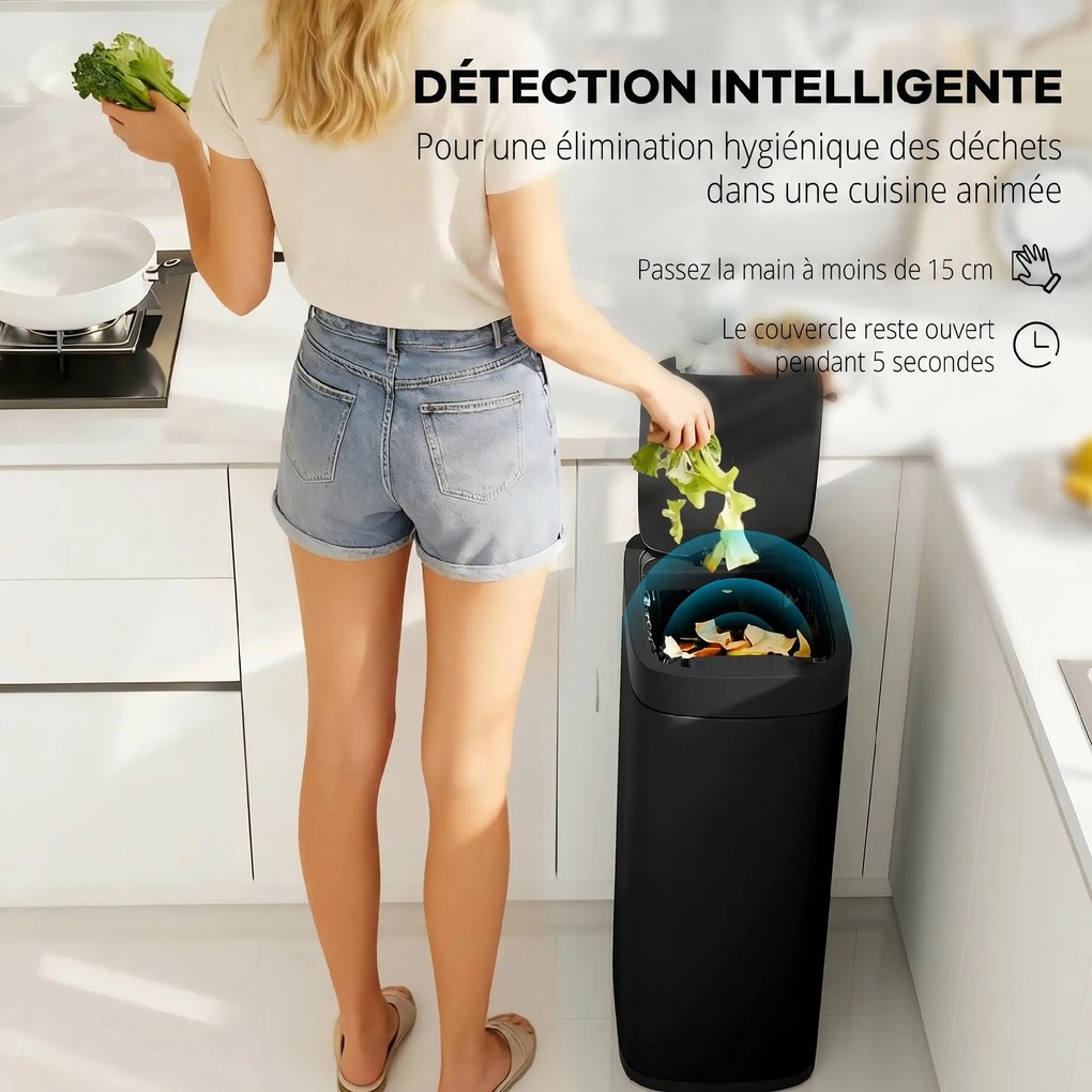 Caixote do lixo de cozinha automático de 50 L, com sensor de movimento, funciona a pilhas, 26,5 x 35,5 x 68 cm, preto