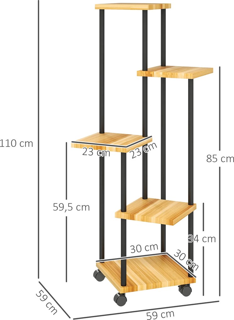 Suporte para plantas de 5 níveis para interior e exterior, prateleira para plantas com 4 rodas em aço e madeira natural