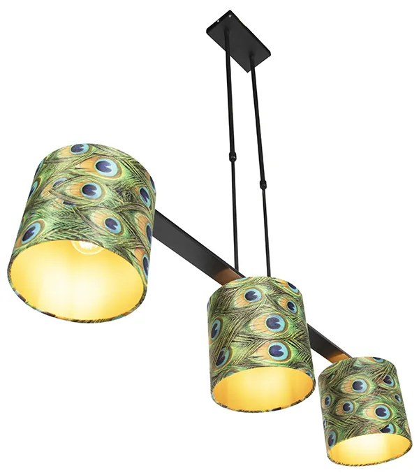 Candeeiro de suspensão com abajures de veludo azul petróleo com dourado 20cm - Combi 3 Deluxe Clássico / Antigo