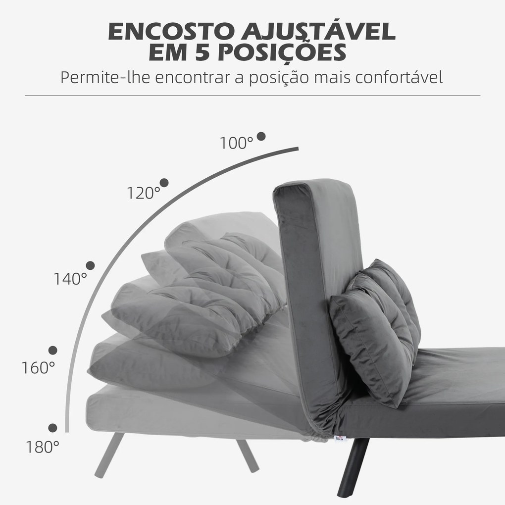 Sofá Cama Sofá Convertível em Cama de 2 Lugares Dobrável com Encosto Ajustável em 5 Níveis e 2 Almofadas 102x73x81 cm Cinza