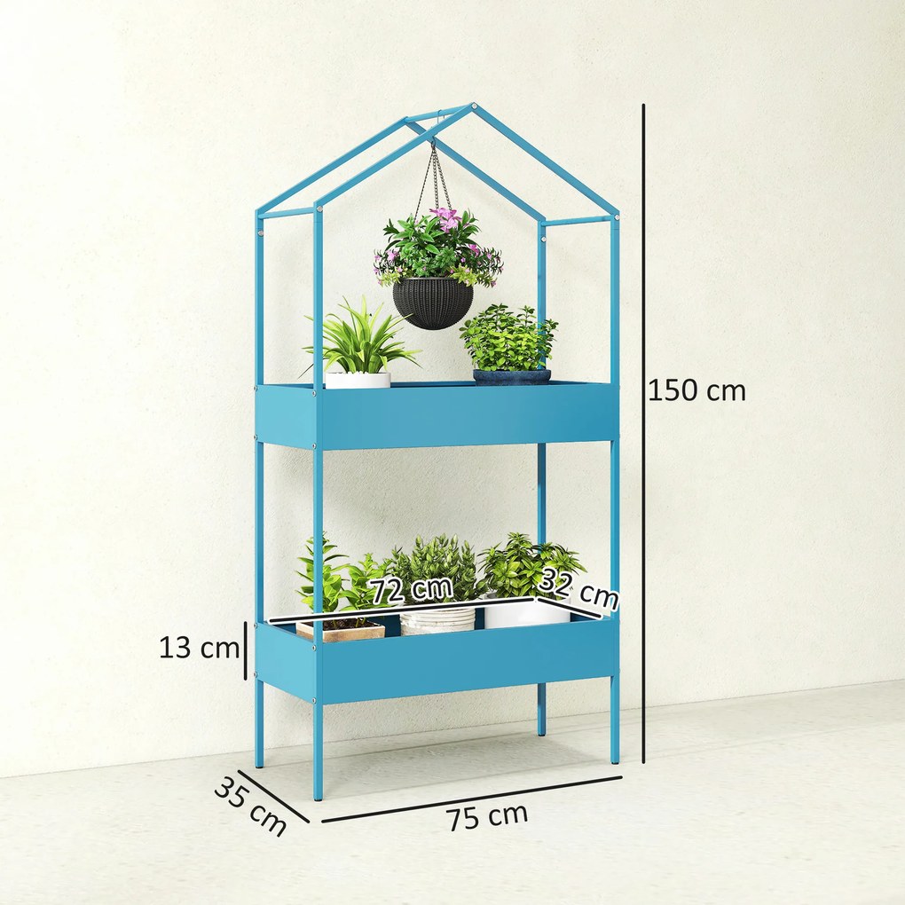 Prateleira para plantas de 2 níveis 75 x 35 x 150 cm, suporte para plantas em metal com gancho, suporte para vasos em forma de casa, azul