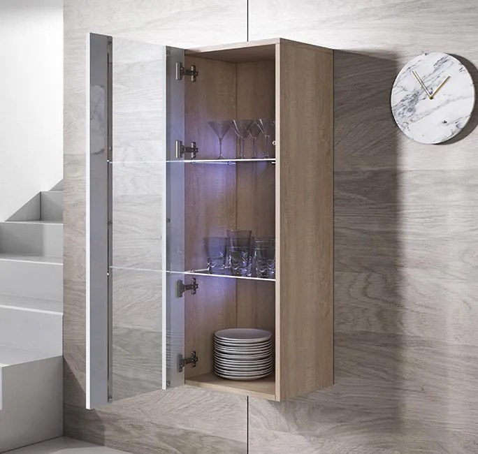 Vitrine de Parede Figueira – 40x126 cm – Branco e Sonoma com LED Azul