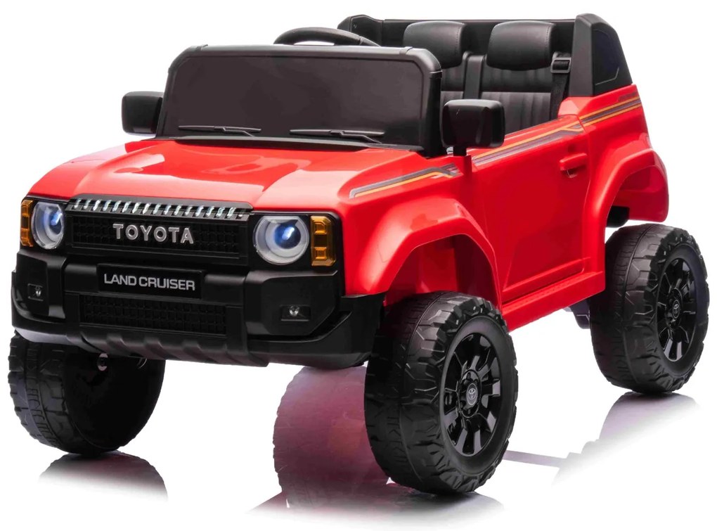 Jipe elétrico para crianças Toyota Landcruiser 12V controlo remoto de 2,4 GHz, entrada USB/AUX, Bluetooth, suspensão, bateria de lítio, luzes LED Verm