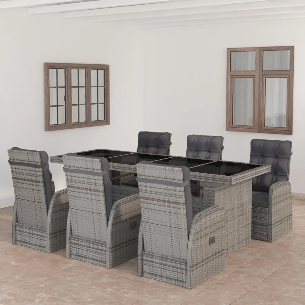 vidaXL 7 pcs conjunto jantar exterior com almofadões vime PE cinzento