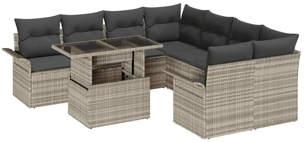 Conjunto de Sofá de Jardim de 9 Peças com Almofadas Cinza Claro Rattan