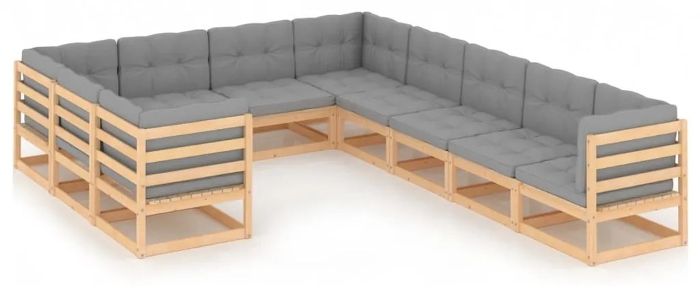 10 pcs conjunto lounge de jardim c/ almofadões pinho maciço