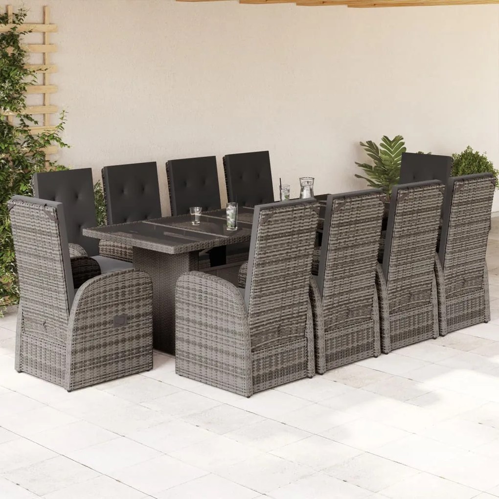 vidaXL 11 pcs conjunto jantar p/ jardim c/ almofadões vime PE cinzento