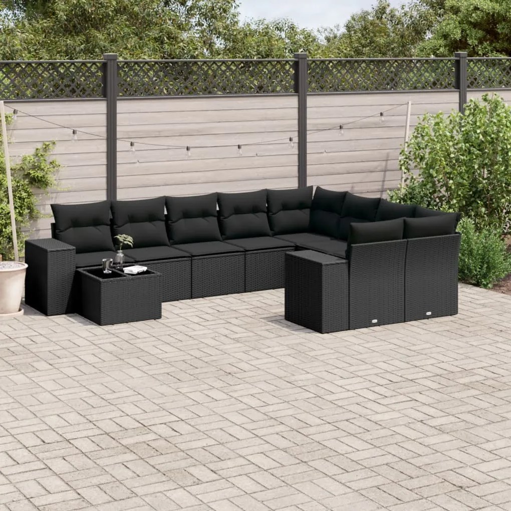 vidaXL 10 pcs conjunto sofás de jardim c/ almofadões vime PE preto