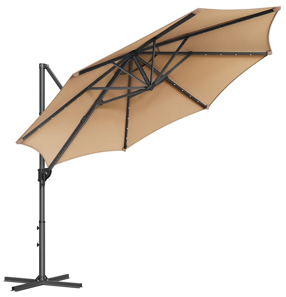 Guarda-sol jardim Ø 300 cm com luzes LED solares UPF 50+ rotativo 360º com base cruzada (SEM PESOS) Castanho Camelo