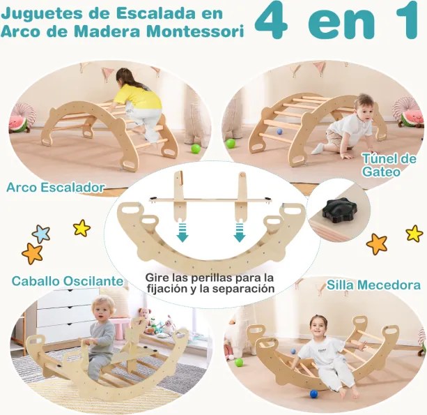 Cavalo de baloiço crianças escalador de madeira com arco de escalada, baloiço e túnel para gatinhar com assento para 1 a 5 anos 112 x 52 x 44 cm Natur