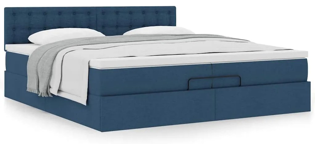 Estrutura de cama otomana com colchão 200x200 cm tecido azul