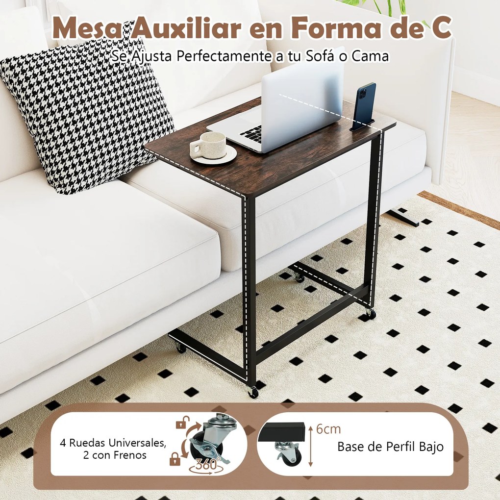 Mesa auxiliar em forma de C com rodas 60 x 39,5 x 66 cm, ranhura para telefone integrada, base baixa para poupar espaço, para sala e quarto, Castanho