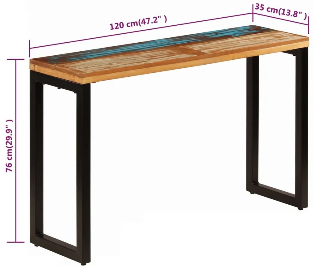 Mesa consola 120x35x76 cm madeira recuperada maciça e aço