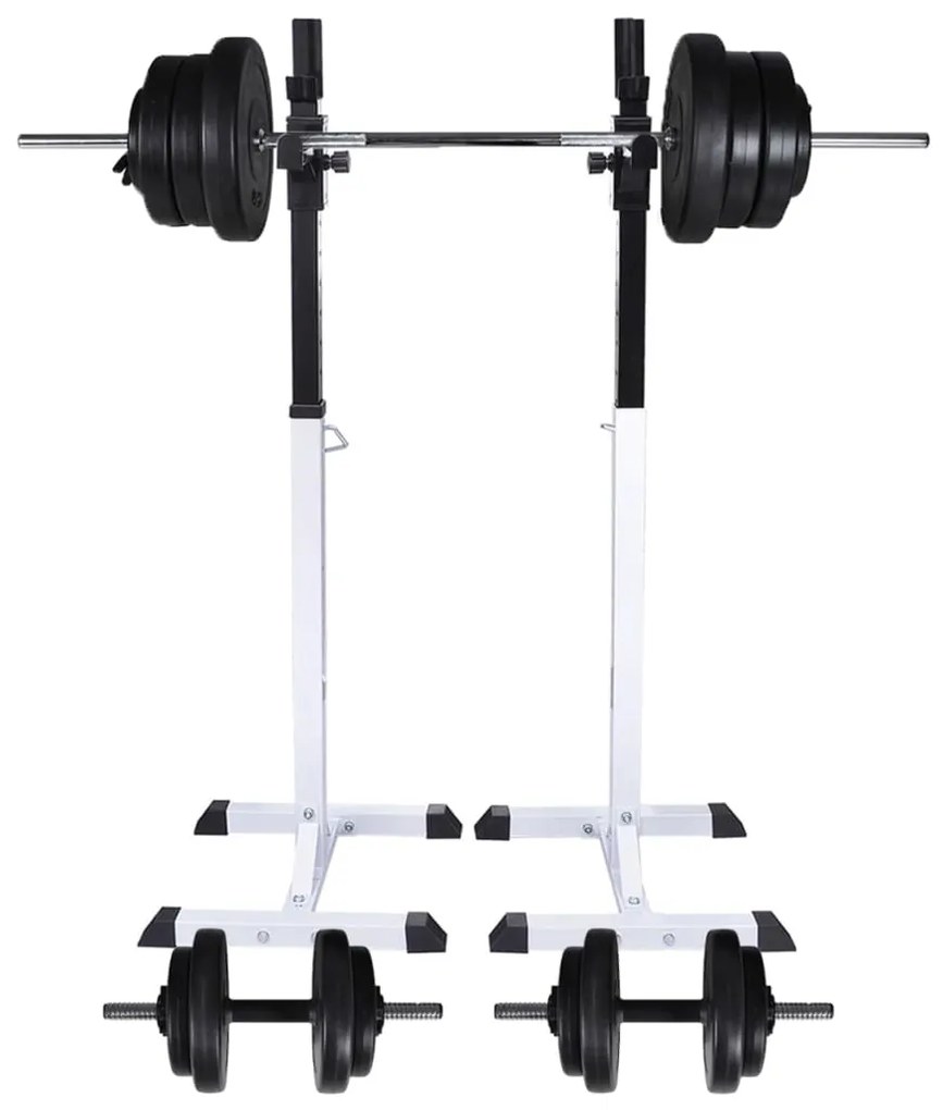 Suporte barra musculação c/ conjunto pesos e barras 60,5 kg
