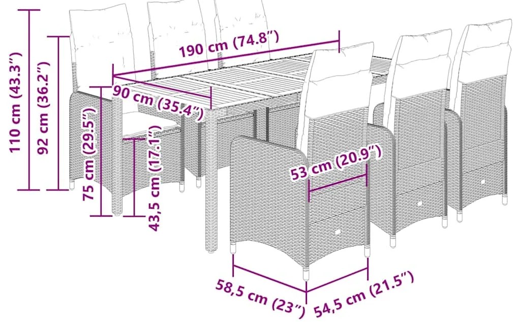 9 pcs conjunto de bistrô p/ jardim c/ almofadões vime PE preto