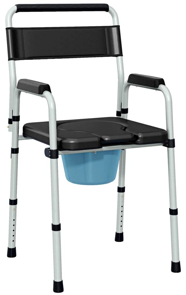 HOMCOM Cadeira Sanita para Pessoas Maiores Dobrável com Altura Ajustável Cubo e Almofadas Antiderrapantes 52,5x46x81,5-97 cm Preto