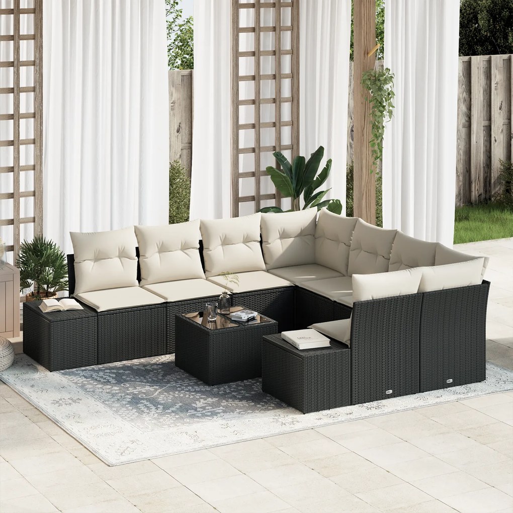 vidaXL Conjunto de Sofá de Jardim com Almofadas Rattan Preto