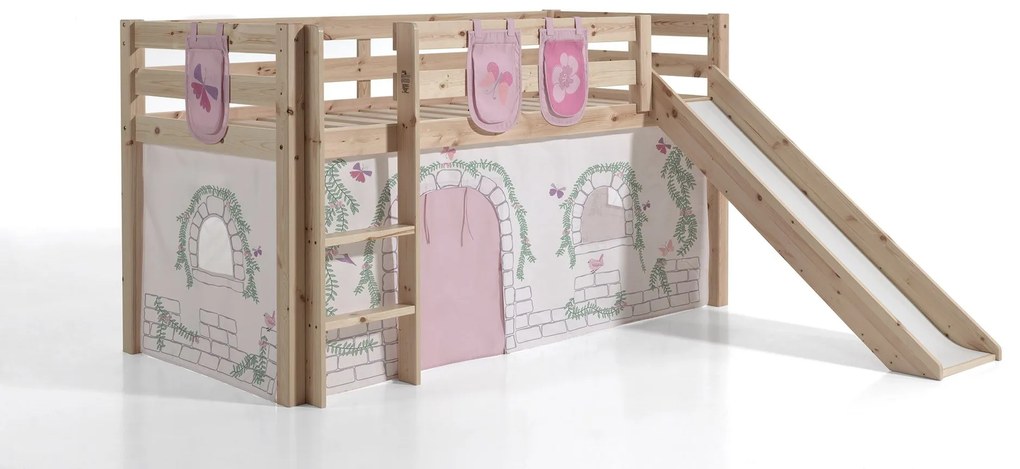 Conjunto Cama alta de Criança PINO 90 x 200 cm + estrado + escada + escorrega + cortina + bolsas de arrumação Pássaros Natural
