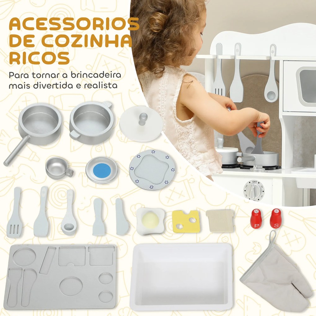 Cozinha de Brincar em Madeira com Som Acessórios Lava-Loiças Micro-Ondas e Fogão 55x24x86 cm Branco