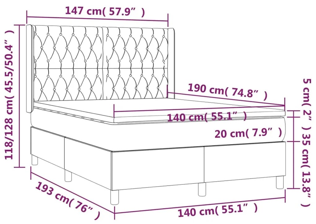 Cama box spring c/ colchão e LED 140x190 cm tecido preto