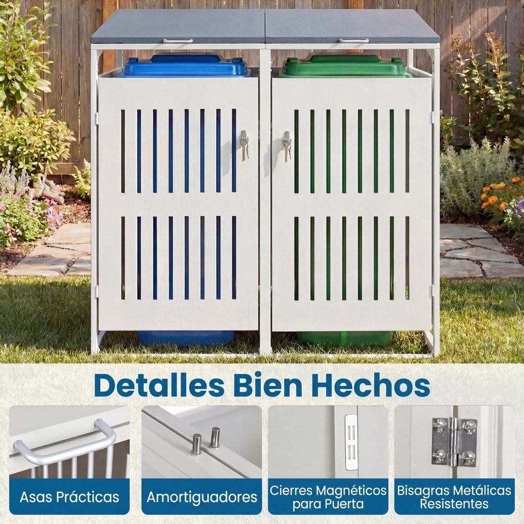 Abrigo para 2 Contentores do Lixo (NÃO INCLUIDOS), 132 x 80 x 125,5 cm, Com Fechadura, Branco