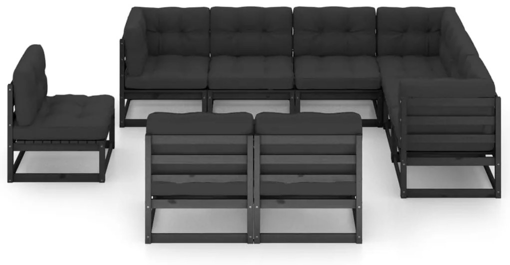 9pcs conjunto longue de jardim c/ almofadões pinho maciço preto
