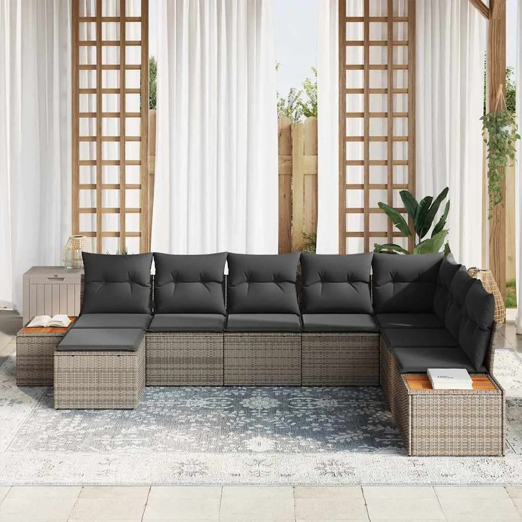 Sofá de Jardim de 8 Peças com Almofadas em Cinza Polyrattan e Acácia