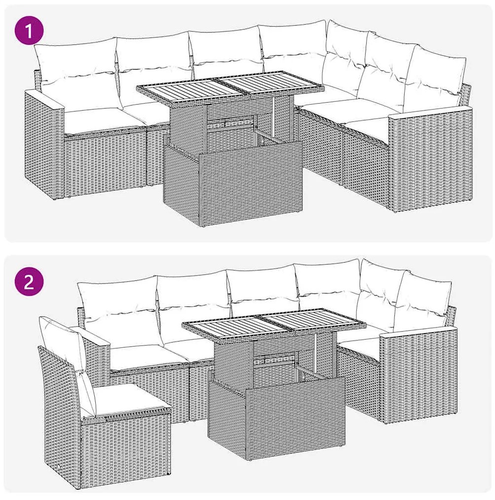 7 pcs conjunto sofás jardim c/ almofadões vime PE/acácia preto