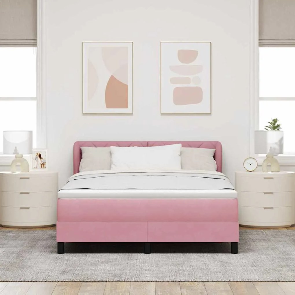 Cama Box Spring vidaXL com Colchão Rosa 160x200 cm Veludo