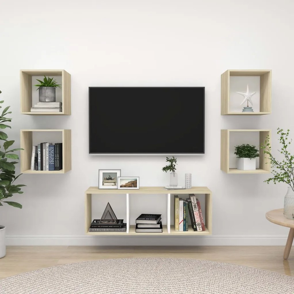 vidaXL 5pcs conj. móveis TV derivados madeira branco/carvalho sonoma