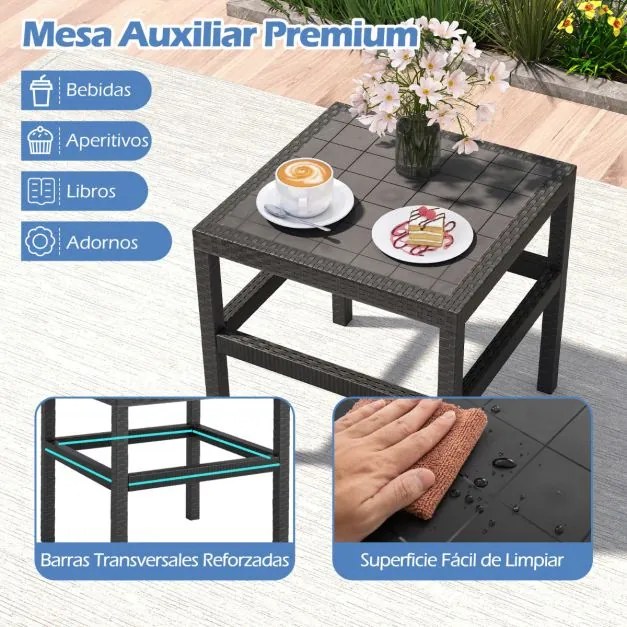 Conjunto de móveis de jardim de 3 peças com 2 cadeiras de rattan e mesa auxiliar de rattan PP preto